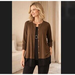 J Jill Wearever Layered Hem Jacket L Brown Black Knit Cardigan Button Stretch